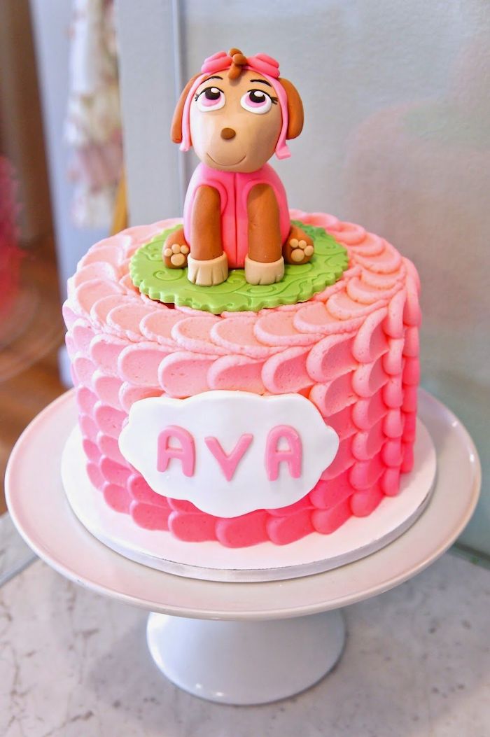 Rosa Geburtstagstorte für Mädchen mit Skye, große Tortenfigur, ausgefallener Kuchen für Kindergeburtstag 