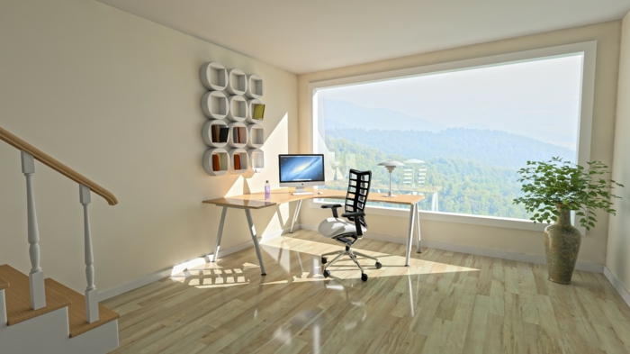 Holz als natürlicher Baustoff, Laminat im Arbeitszimmer in ein Haus mit Panorama