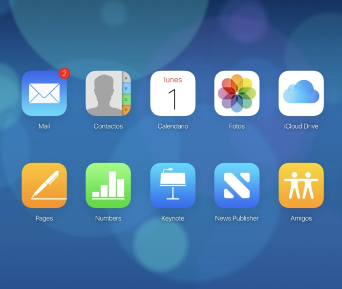 viele Icons, darunter das iClould Icon, auf einem blauen Hintergrund, das Logo von iCloud