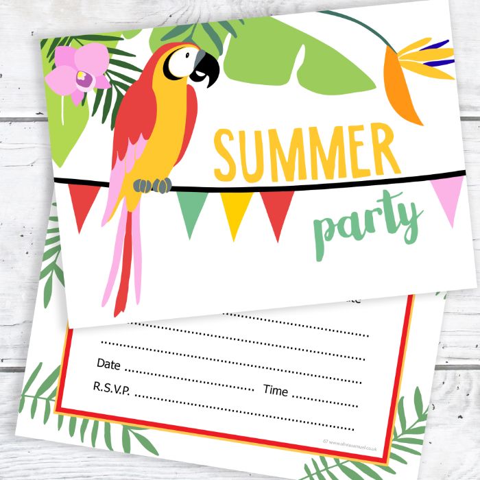 einladungskarten drucken, papagai, sommerparty deko idee, blumen und lustige farben