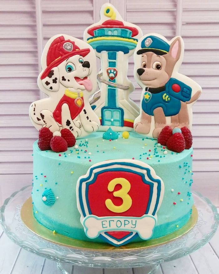 Paw Patrol Geburtstagstorte mit Chase und Marshall, Torte mit blauer Creme für Junge 