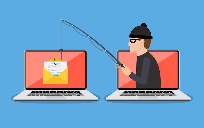 ein neuer phishing trick, kriminelle mut einer schwarzen angel mit einem schwarzen angelhaken, zwei laptops und ein gelber briefumschlag 