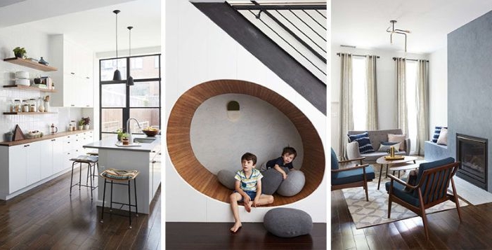 minimalistisch wohnen, drei design ideen, wohnzimmer, küche, kinder in der mitte auf einer besonderen sitzbank