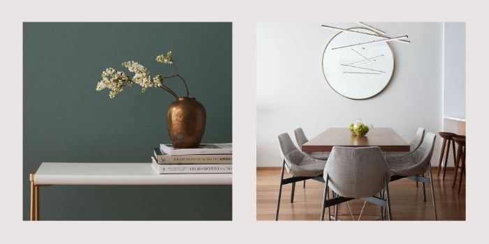 minimalistisch wohnen, zwei dekor ideen mit vasen, wand in petrol farbe, wandspiegel