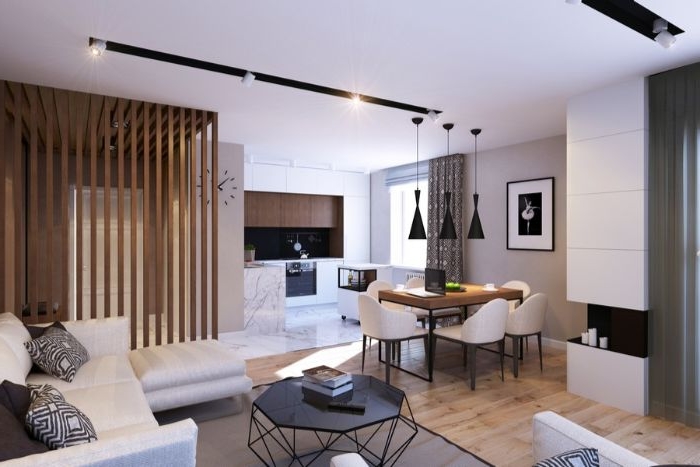 minimalismus lebensstil, küche und wohnzimmer in einem raum, kreative dekorationen und möbel