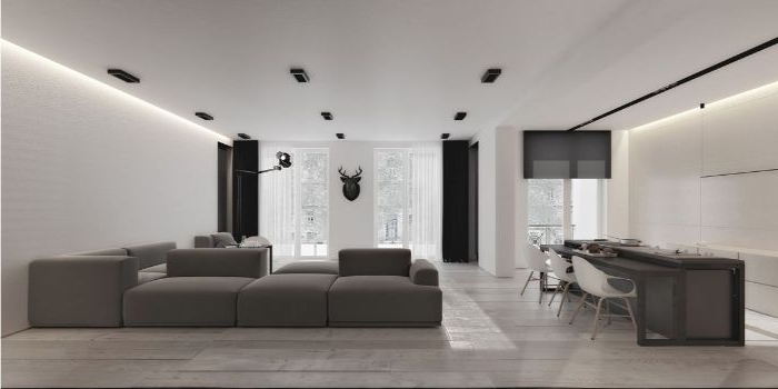 minimalismus tipps, graues design, hausdekor, großes graues sofa, esstisch dunkelgrau
