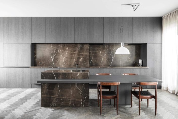 minimalistische bilder, graue farbe in der küche, dunkelgrau, marmormuster design