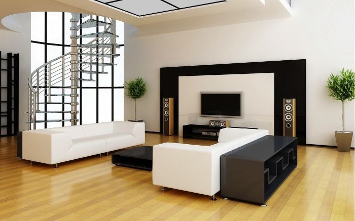 minimalistische bilder, wandbider, wanddeko, weiße möbel, schwarze einrichtung, fernseher, runde treppe