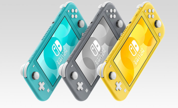 die neue konsole für spiele von nintendo in drei farben, drei kleine konsolen in grau, gelb und türkis