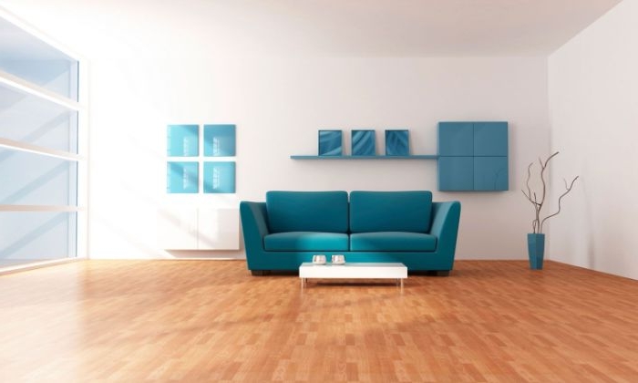 petrol farbe mischen in einem minimalistischen stil, sofa, holzboden parkett, wandbilder, wanddeko blau 
