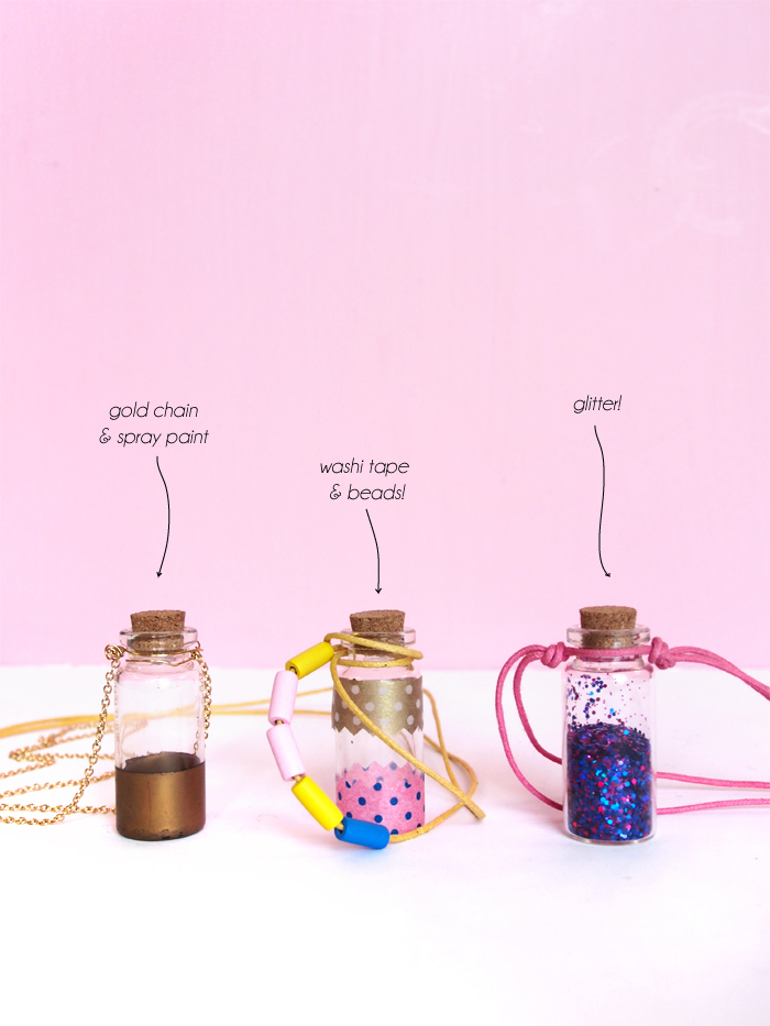schmuck basteln, diy geschenk für die beste fraundin, verschiedene designs, mini korkenflaschen