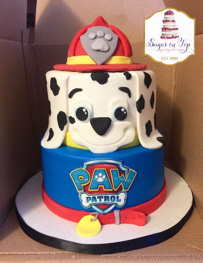 Zweistöckige Paw Patrol Fondant Torte mit Marshall, Geburtstagstorte für Kinder 