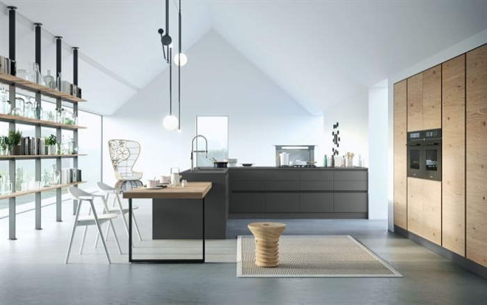 minimalistische möbel, kochinsel, schwarze deko, küche, stühle, stuhl design idee