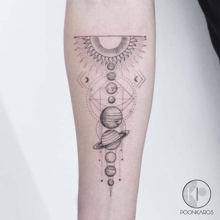Sonnensystem Tattoo am Unterarm, alle neun Planeten und Sonne, Arm Tattoos Ideen 
