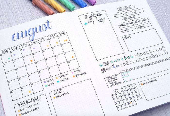 bullet journal selber machen, kalender ideen august, aufzeichnungen und ideen zum entlehnen