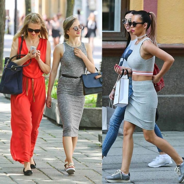 skandinavische mode für jugendlichen, schöne junge frauen in dezenten oder krassen farben, roter jumpsuit, graue outfits sportlich elegant