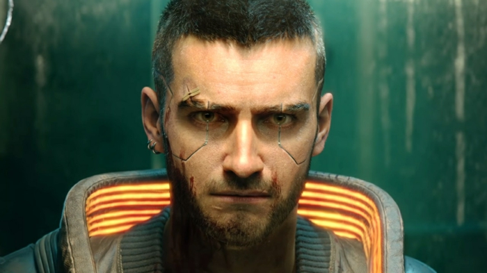 ein Spieler mit einem leuchtenden Kragen, eine Szene auf Cyberpunk 2077 auf Stadia