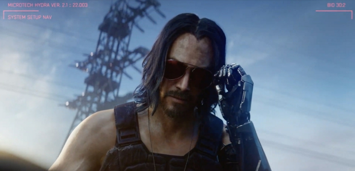 Keanu Reeves mit Sonnenbrillen auf dem Hintergrund von blauem Himmel, Cyberpunk 2077