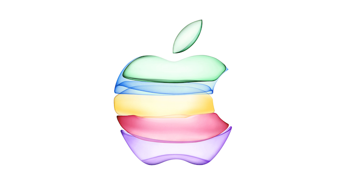 ein apfel in fünf regenbogen farben, das logo von apple für die einladung zum iphone event in cupertino
