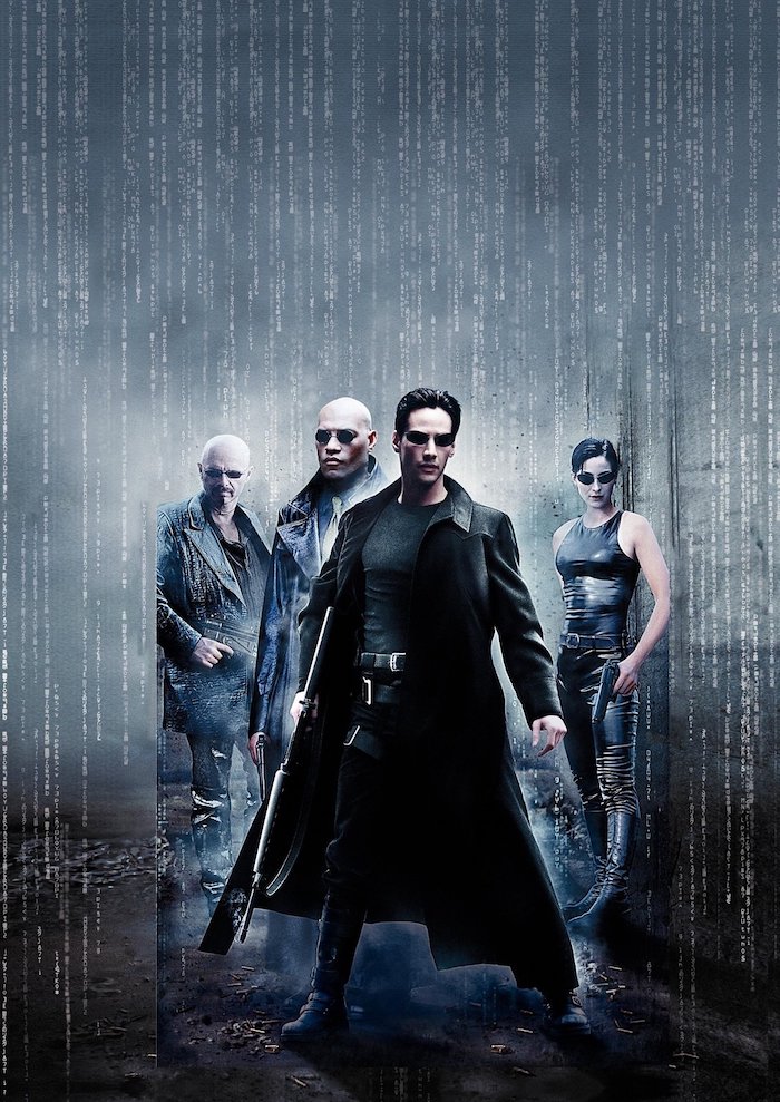poster zu dem film the matrix, der schauspieler Keanu Reeves , ein mann mit brille und kleidern aus schwarzem Leder, eine junge frau trinity