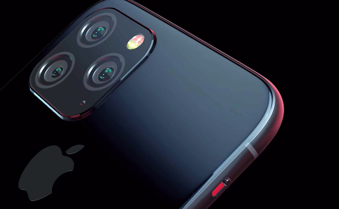 das kommende iphone 11, ein großes schwarzes smartphone mit drei kameras, das graue logo von apple