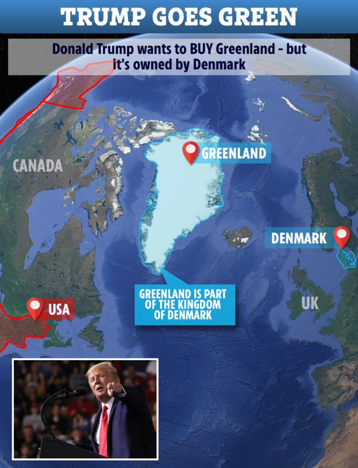 Grönland ist hier, zeigt der Präsident mit dem Finger, er will die größte Insel der Welt haben