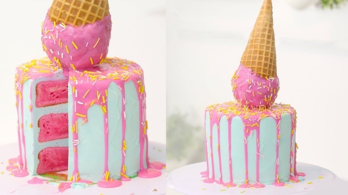 kindergeburtstagskuchen ideen, eiscreme torte in rosa und blau, torte dekoriert zuckerglasur