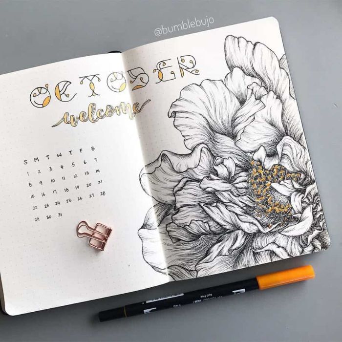wochenübersicht bullet journal, ein heft offen in der mitte, kalender, oktober, blumen