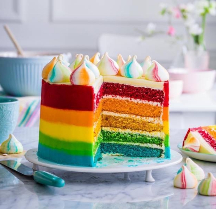 kuchen für kinder, torte in den farben des regenbogens, geburtstagskuchen für kinder