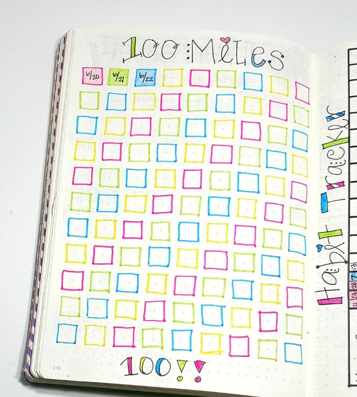 wochenübersicht bullet journal, 100 ideen zum inspirieren, bunte kleine vierecken