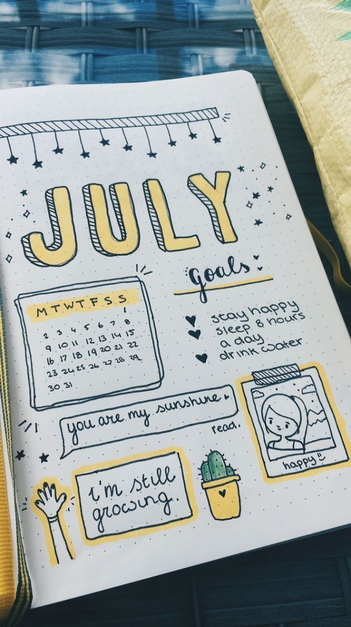 wochenübersicht bullet journal, tagebuch für juli, monatliche ziele setzen, gelber blumentopf