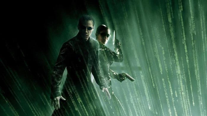 eine junge frau mit zwei schwarzen pistollen und mit brille, poster zu dem film the matrix, der schauspielern Keanu Reeves