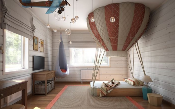 deko ideen schlafzimmer, baloon design vom bett im kinderzimmer, kreative ideen zum phantasieren