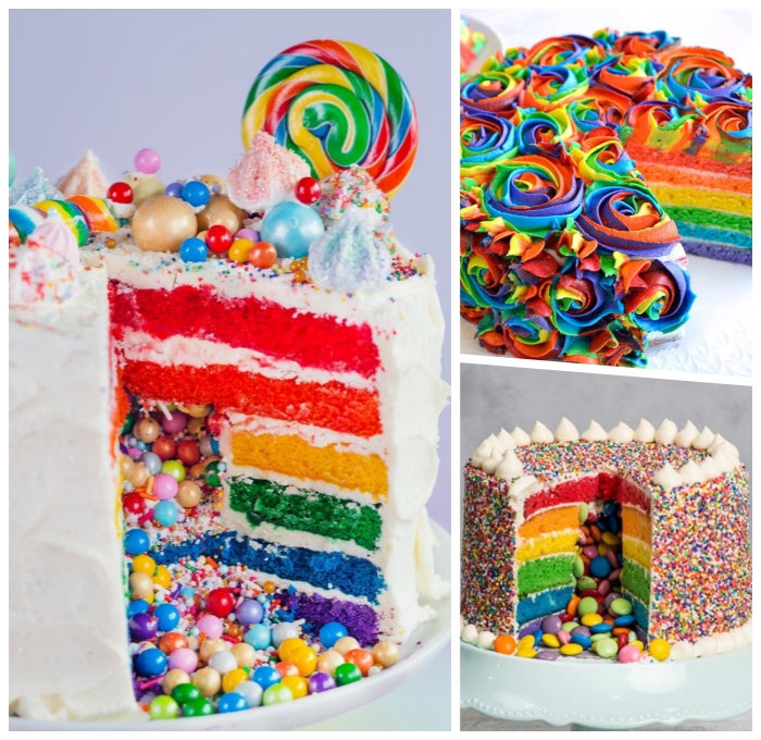 torten für kinder ideen, geburtstagskuchen in den regenbogenfarben, bunte bonbons, piata torte
