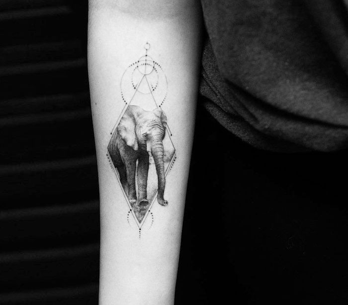 Geometrisches Elefant Tattoo, Elefant in Viereck, realistisches Tattoo am Unterarm 