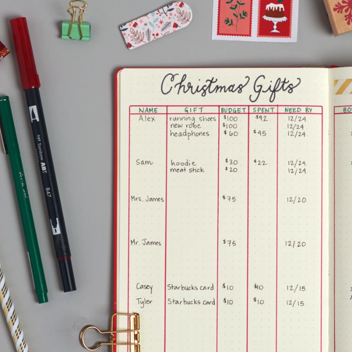bullet journal notizbuch dotted, eine liste mit geschenken zu weihnachten erstellen, stifte rot und grün