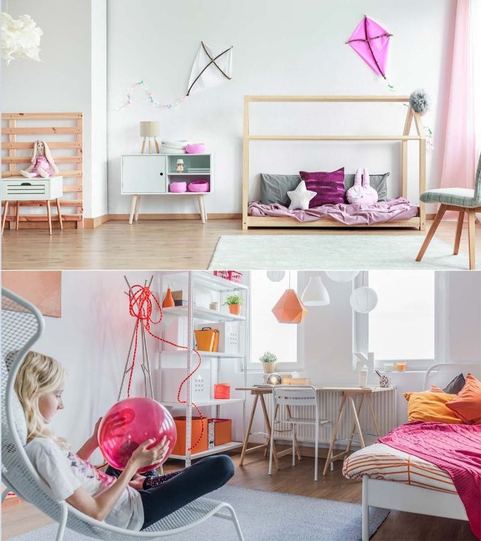 bilder fürs schlafzimmer, bunte ideen, rosa und orange, eine mama sitzt im stuhl im zimmer