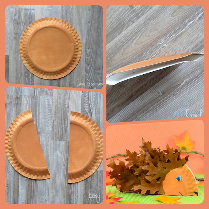 Igel aus Pappteller selber machen, Herbstblätter für Stacheln kleben, Basteln mit Kindern im Herbst 