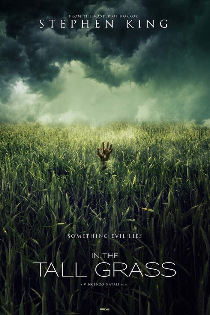 poster zu dem film un the tall grass, steven king, eine hand im dem höhen grass, viele graue wolken