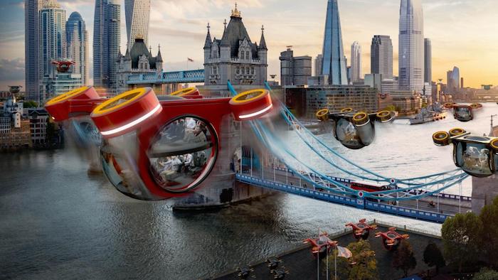 eine futuristische stadt mit fliegenden roten taxis und einem fluss, samsung beschreibt die zukunft 