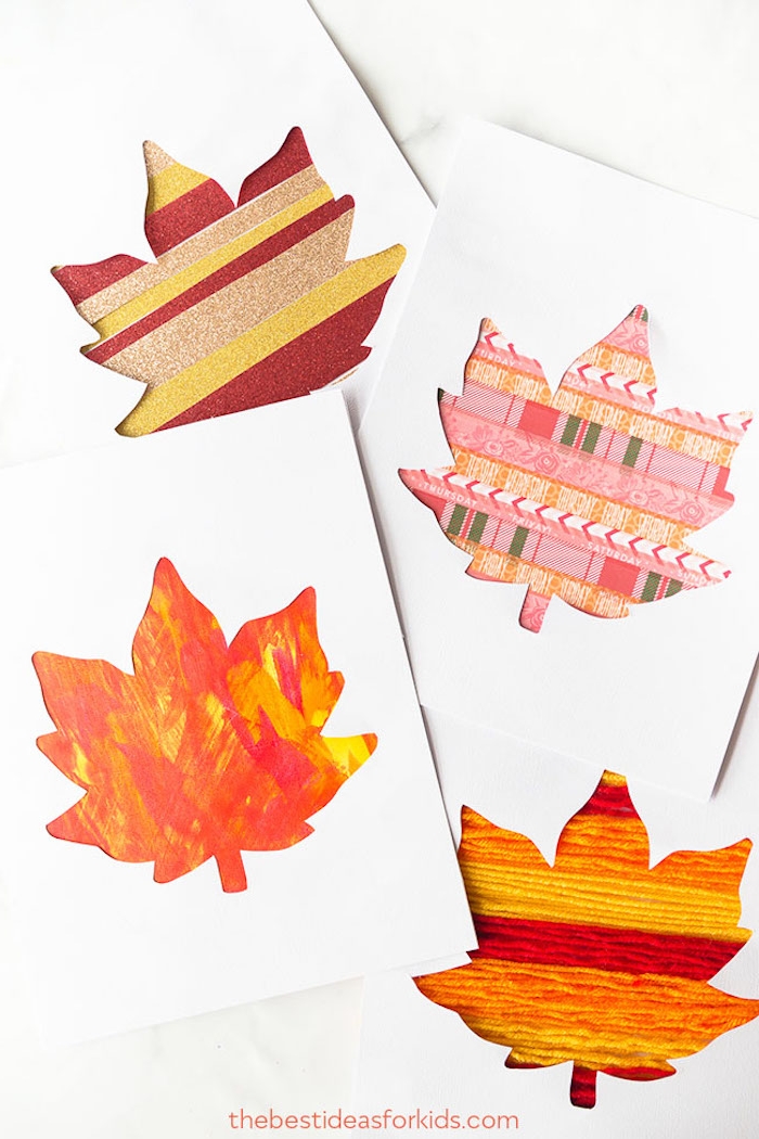 Karten mit Herbstblättern selber machen, mit Garn, Glitter und Washi Tape 