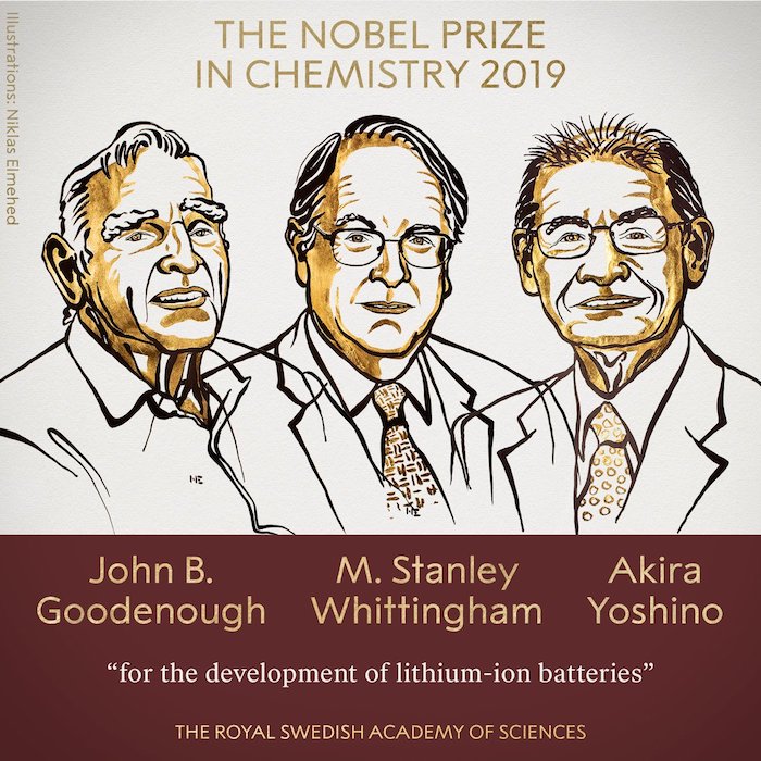 ein forscher trio, die nobelpreisträger für Chemie, drei alte männer, ein mann mit brille und anzug, John Bannister Goodenough