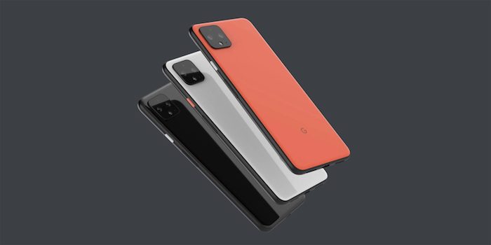 drei kleine smartphones von google, das neue pixel 4, drei handys in orange, weiß und schwarz und mit schwarzen kameras 