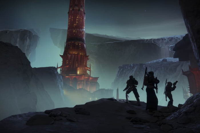 drei Helden, die vor einem Turm zum Kampf bereit sind, Destiny 2 