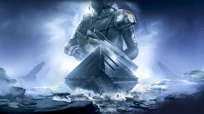ein großer Held in silberner Farbe mit einer großen Waffe, Destiny 2