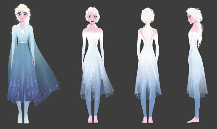 vier Fotos von Elsa mit einem weißen Kleid und langen blonden Haar, Die Eiskönigin Sequel