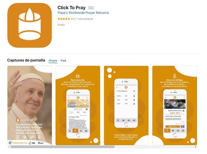 der neue smarte rosenkranz click to pray vo dem vatikan, app store mit der anwendung, drei weiße smartphones