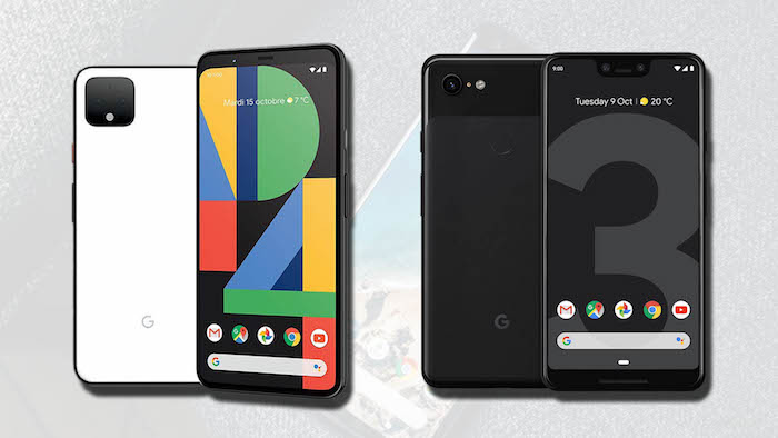 vier schwarze und weiße smartphones, ein handy mit display mit dark mode, das neue smartphone google pixel 4 