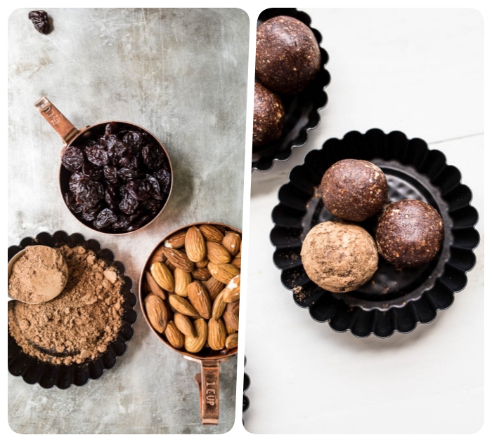 energy balls rezept mit mandeln, kakao und datteln, stillkugeln zubereiten, energiebällchen