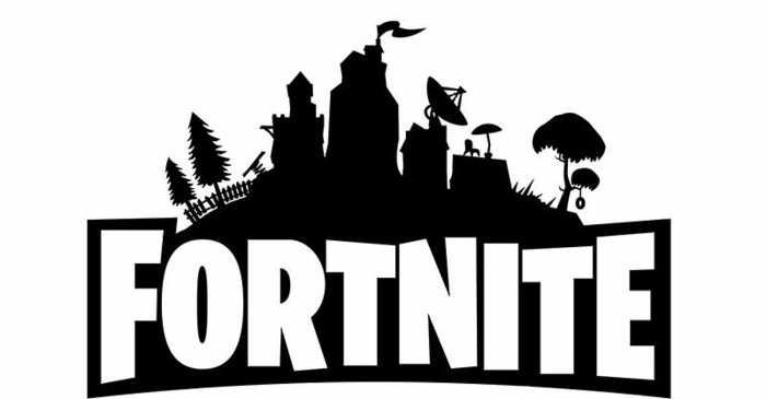 das Logo von Fortnite, schwarzer Hintergrund, weiße Buchstaben, die neue Staffel